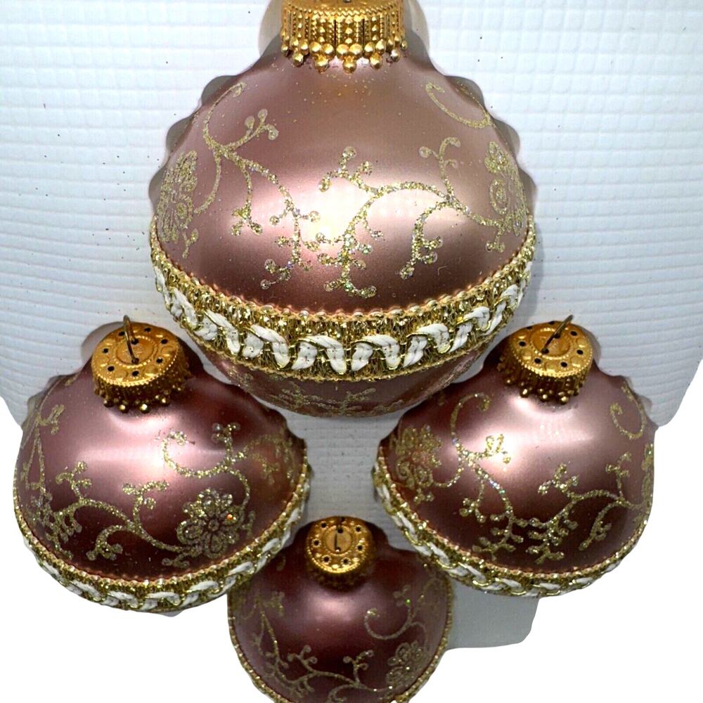 5 Vintage Dusty Antique Rose Gold Krebs‎ Glass Ball Ornament Victorian Chic 2.5"